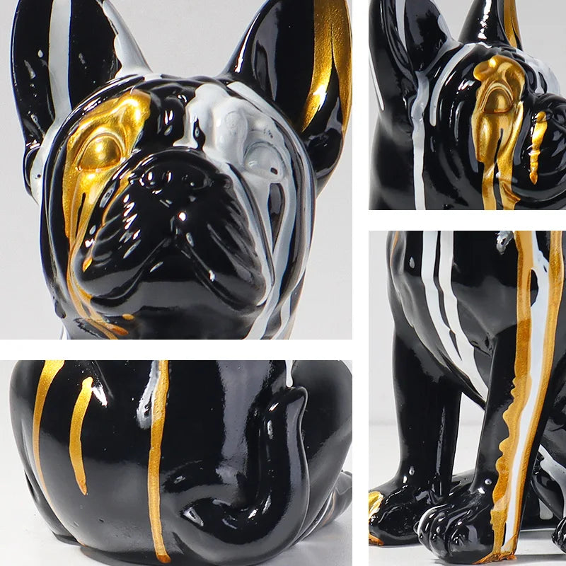 Black and gold ceramic bulldog figurine with close-up details on a white background