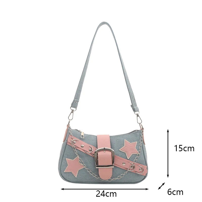 Gray handbag with pink accents and measurements on a white background