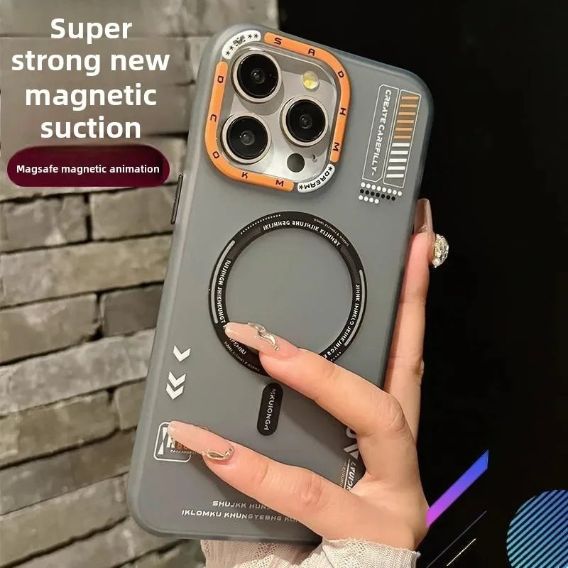 Phone case with magnetic features held by a hand against a brick wall background