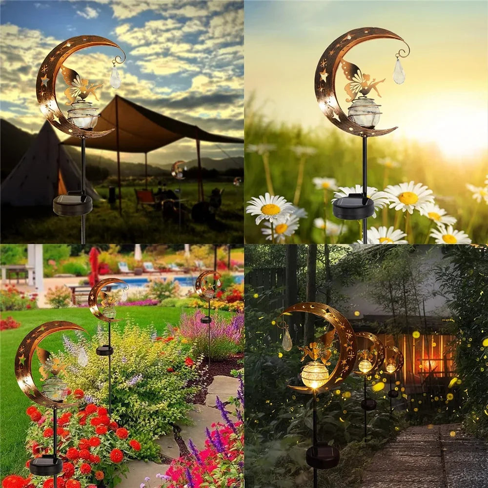 Decorative garden light with moon design in various outdoor settings.