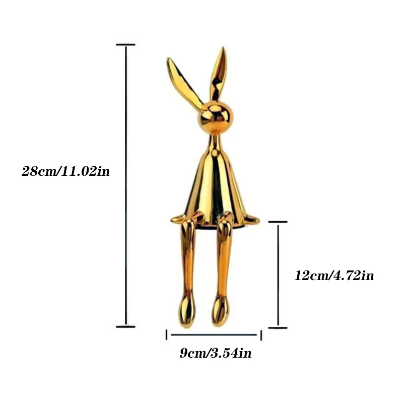 Gold rabbit-shaped object with measurements on a white background