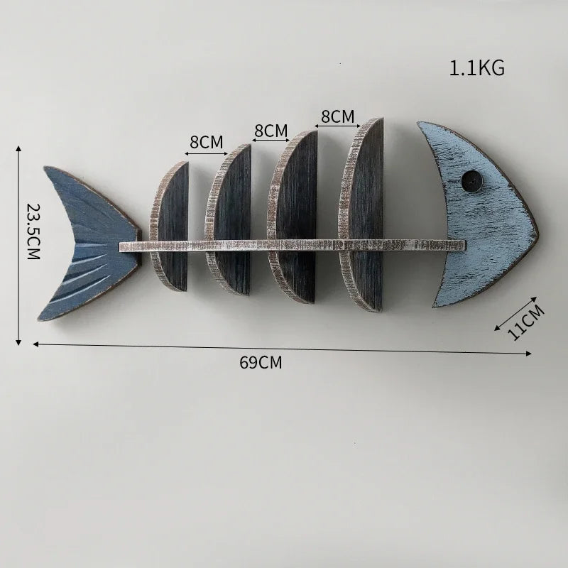 Wooden fish-shaped decorative item with measurements on a light gray background