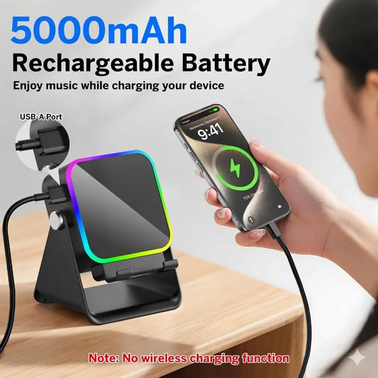 5-in-1 Bluetooth speaker with wireless charging, RGB lighting and adjustable phone stand for desks, bedside tables and home offices.