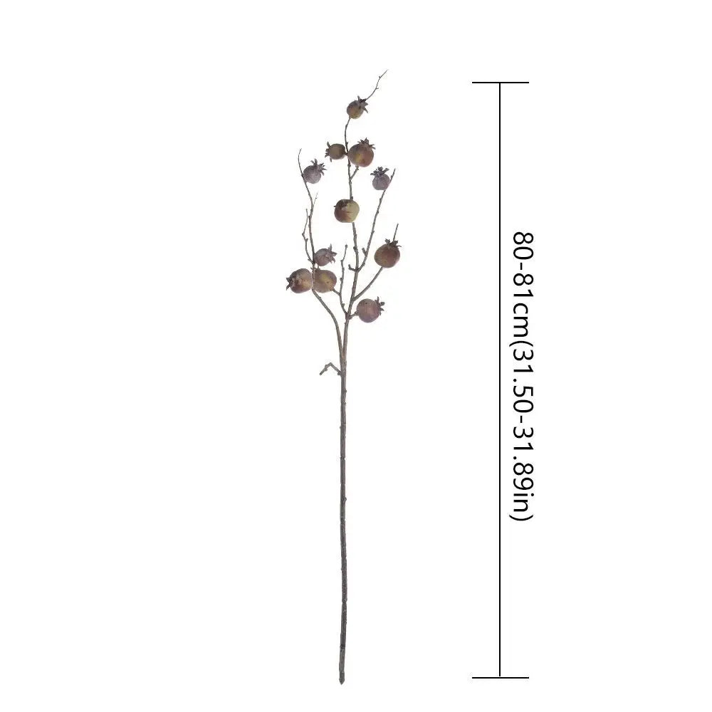 Artificial flower stem with dried flowers and measurement details on a white background