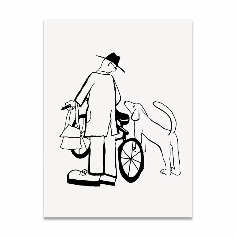 A minimalist black line art print depicting a man in a hat and coat standing next to a bicycle with a dog, shown as a vertical poster on a white background.