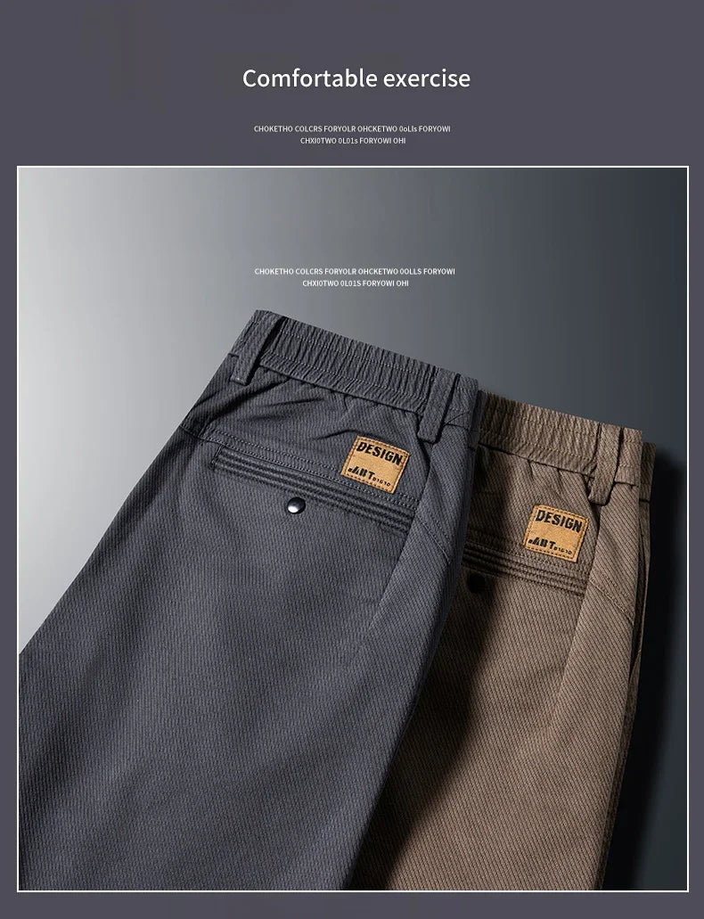 Two pairs of pants, one gray and one brown, with 'Design' labels on a dark background.