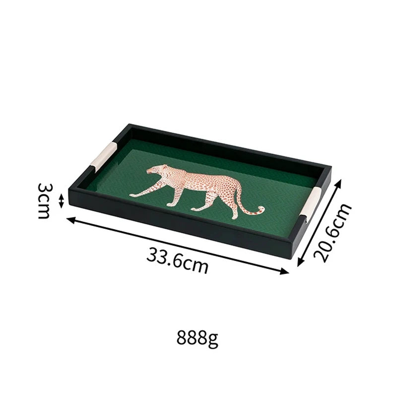 Tray with a leopard design and measurements on a white background