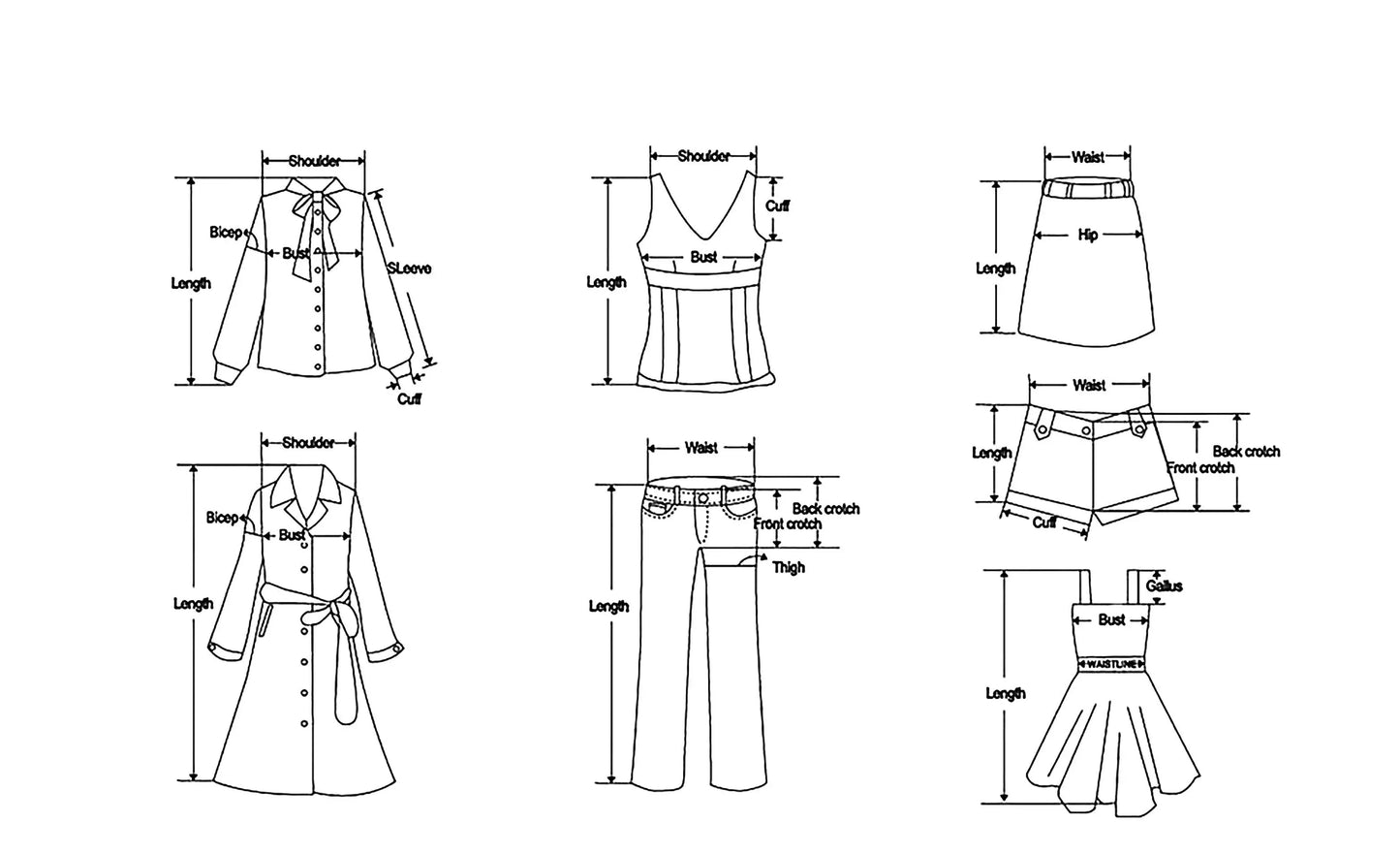 Illustrations of various clothing items with measurement labels on a white background