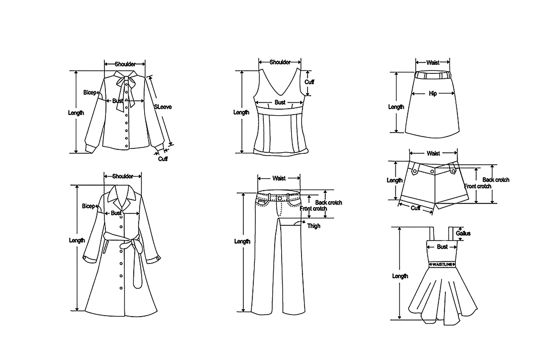 Illustrations of various clothing items with measurement labels on a white background