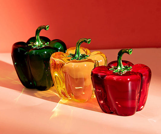 Crystal glass pepper ornament in red green and amber for decorative kitchen and home decor