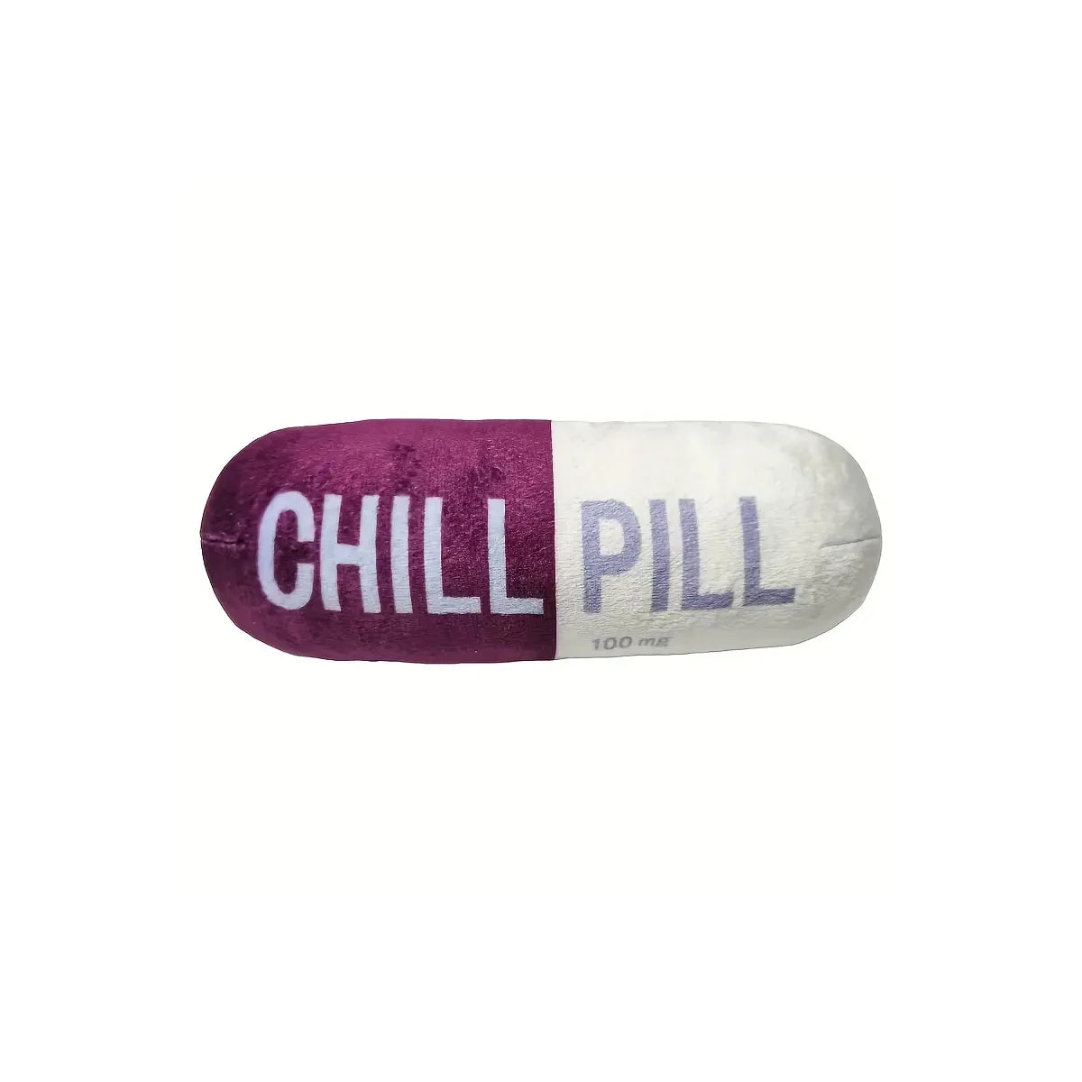 Cylindrical pillow with 'Chill Pill' text on a white background