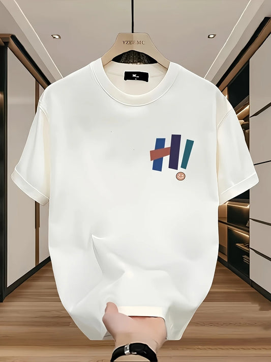 White t-shirt with colorful design on a hanger in a store setting