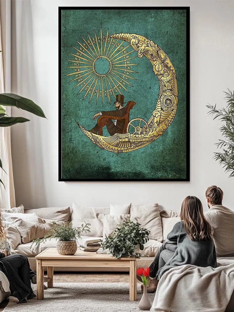 Framed artwork of a person sitting on a crescent moon with sun design, hanging above a living room.