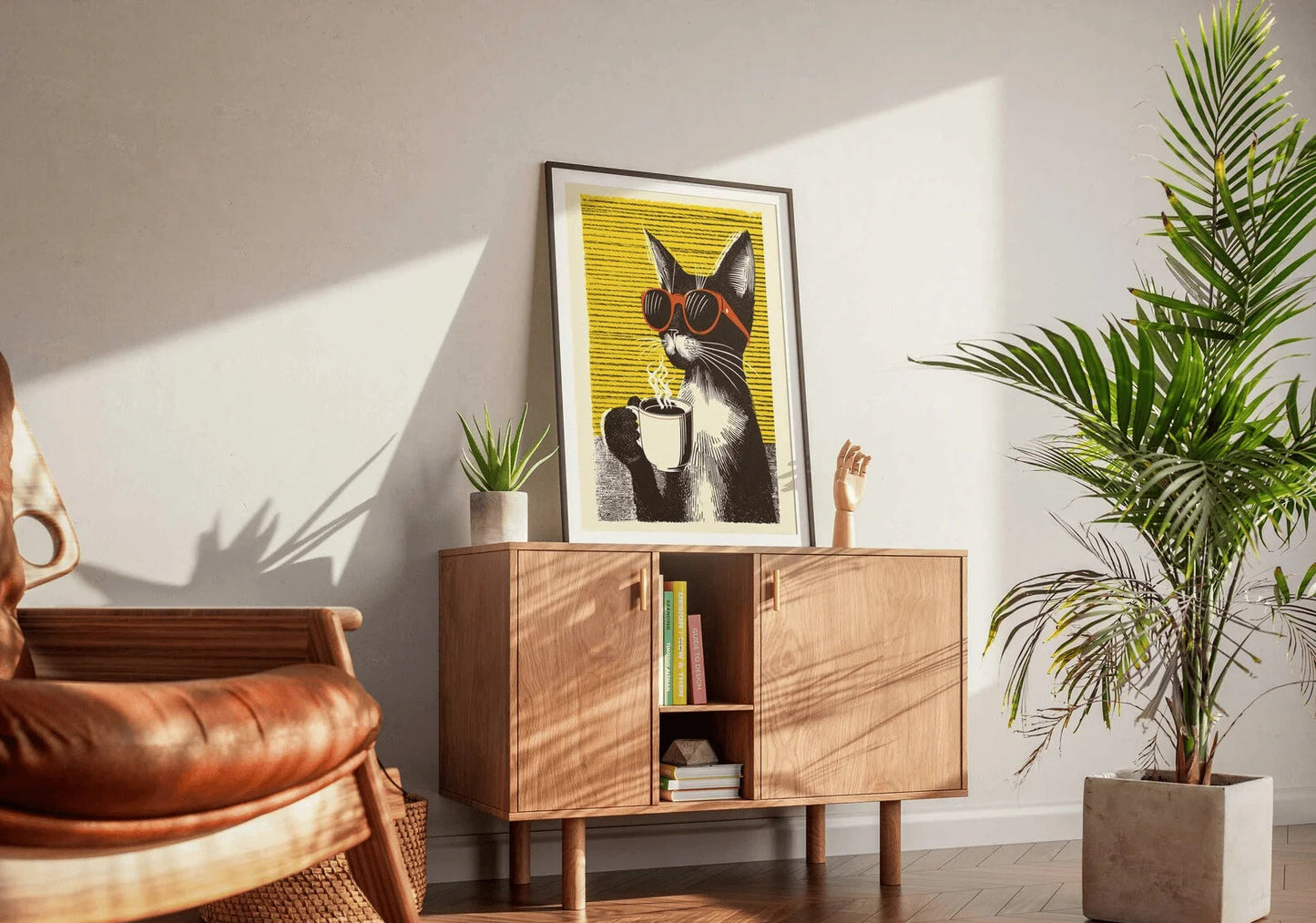 Wooden cabinet with decorative items in a room with a plant and chair.