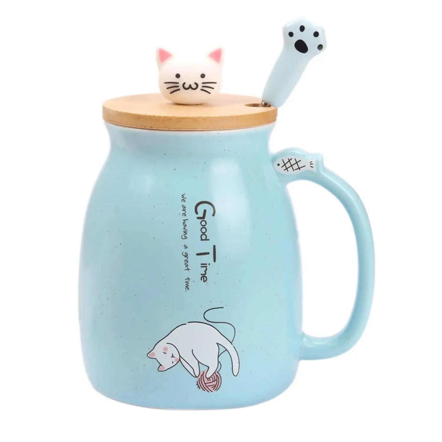 Kawaii pastel cat ceramic mug with wooden lid and cat spoon – Japanese style coffee cup
