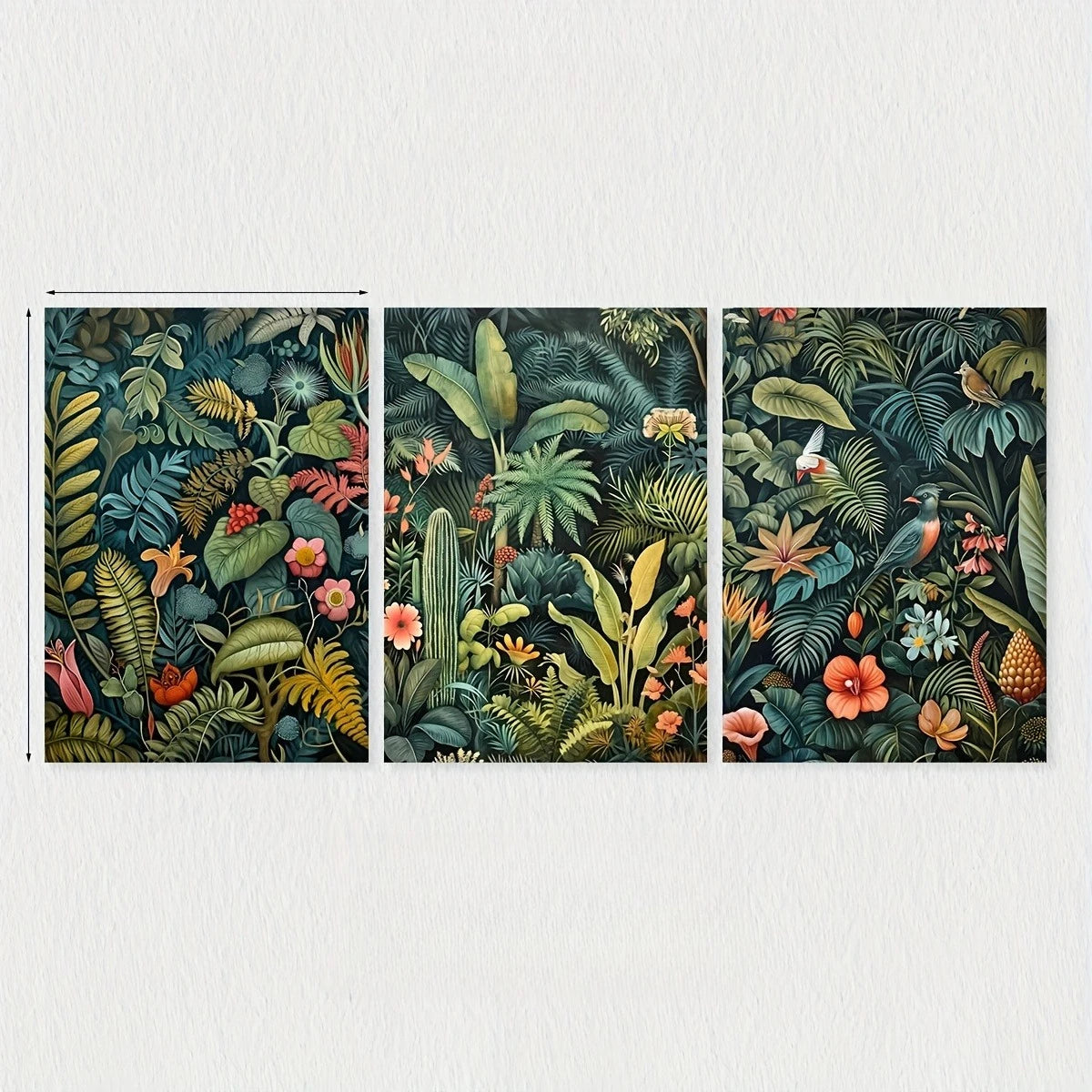 Close up of a Set of three vintage botanical canvas prints featuring tropical plants, exotic flowers