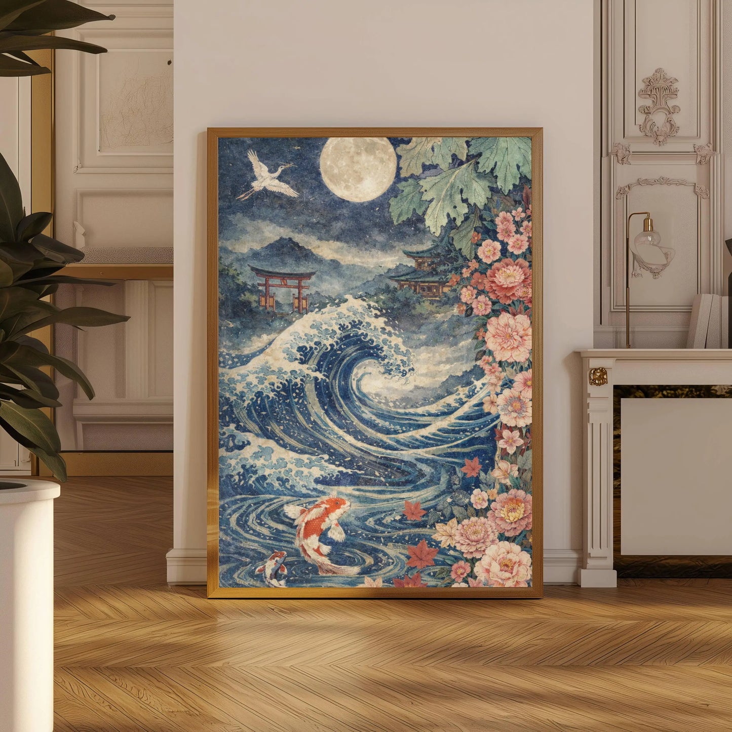 Decorative wall art with a wave, koi fish, and floral elements in a room with wooden flooring and white walls.