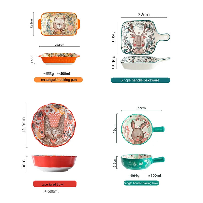 Set of ceramic bakeware items with dimensions and weight labels on a white background