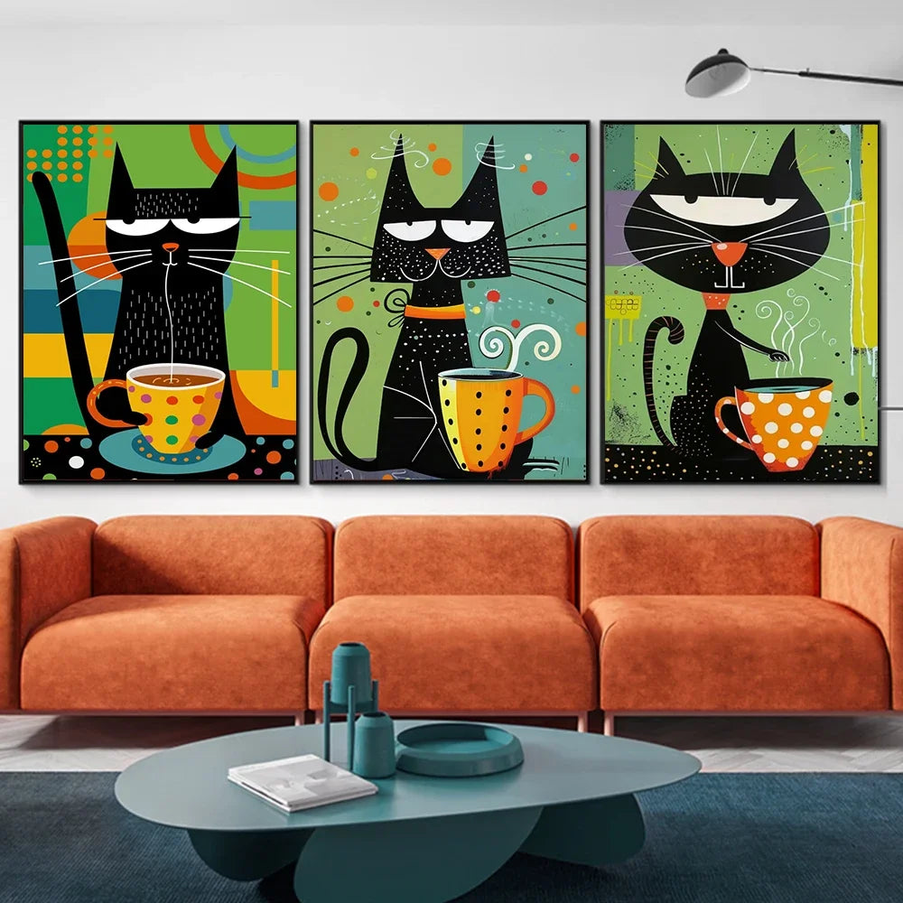 Three colorful cat-themed wall art pieces above an orange sofa in a living room.