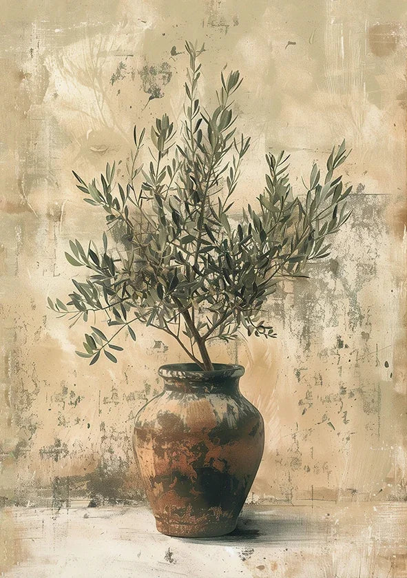 Decorative vase with olive branches against a textured wall