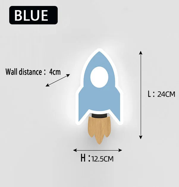 Blue rocket-shaped wall hook with measurements on a gray background