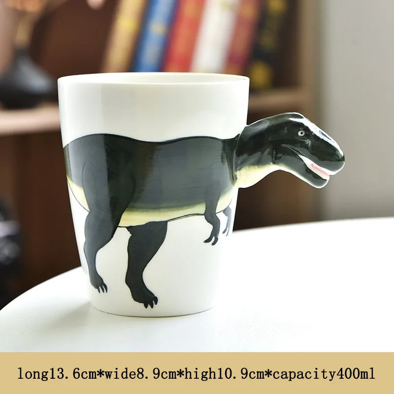 Dinosaur-shaped mug on a surface with a blurred background