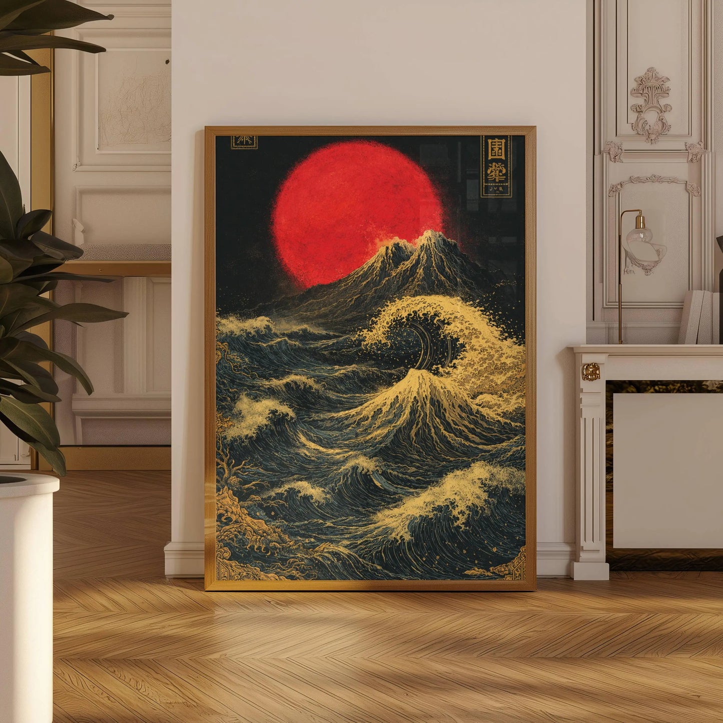 Framed artwork of a red sun and waves in a room with decorative elements.
