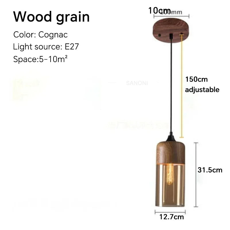 Wooden pendant light with dimensions and specifications on a white background