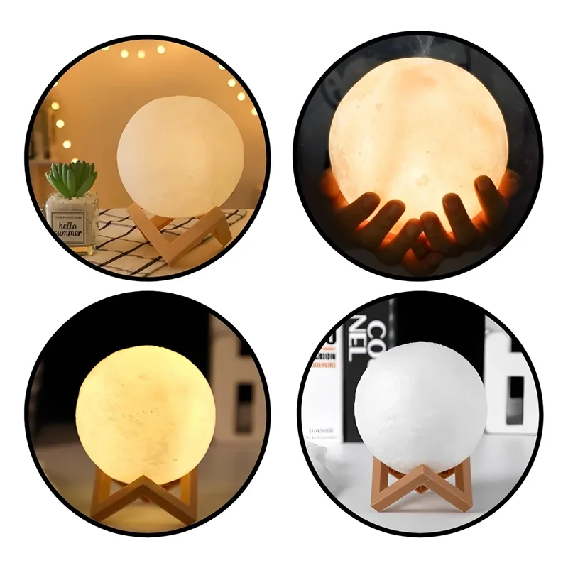 Four circular images of a spherical lamp with different designs and settings.