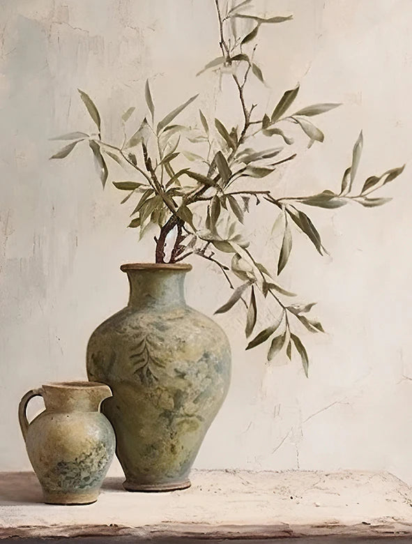 Two ceramic vases with a branch on a wooden surface against a textured wall.