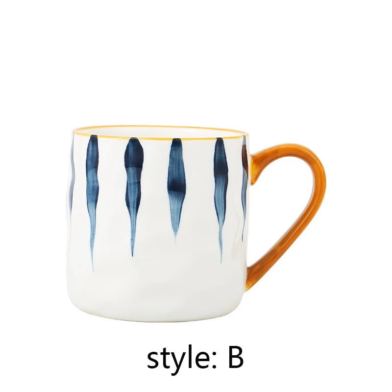Mug with blue vertical stripes and an orange handle on a white background
