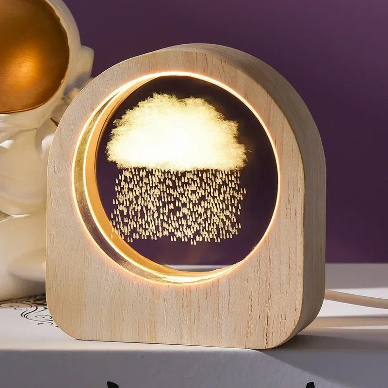 Wooden lamp with cloud design on a purple background