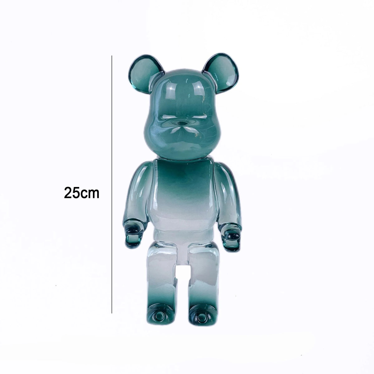 A translucent bear-shaped collectible figure with a blue-green to white gradient, shown on a white background with a vertical measurement marker labeled 25cm.