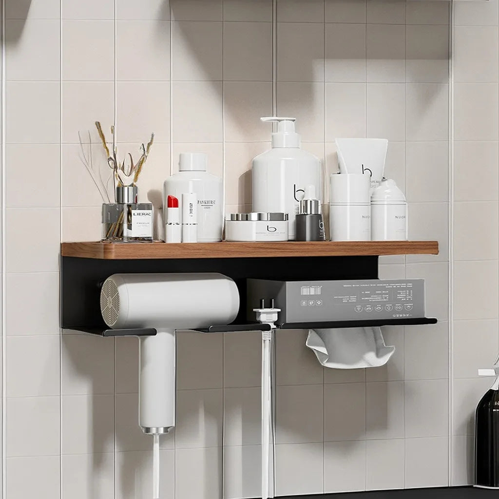 Bathroom shelf with various toiletries against a tiled wall