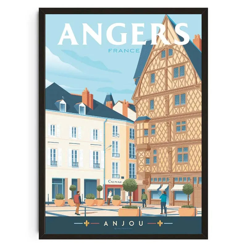 Illustration of Angers, France with traditional architecture and people on a street.