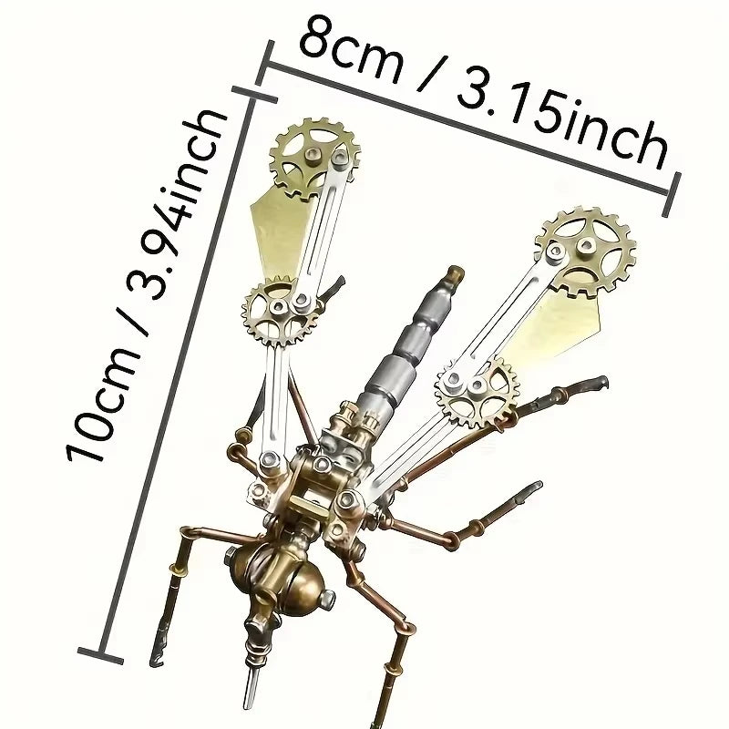 Steampunk-style mechanical ant with dimensions labeled on a white background