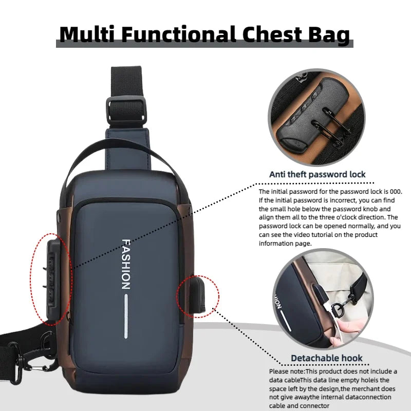 Multi-functional chest bag with anti-theft password lock and detachable hook on a white background