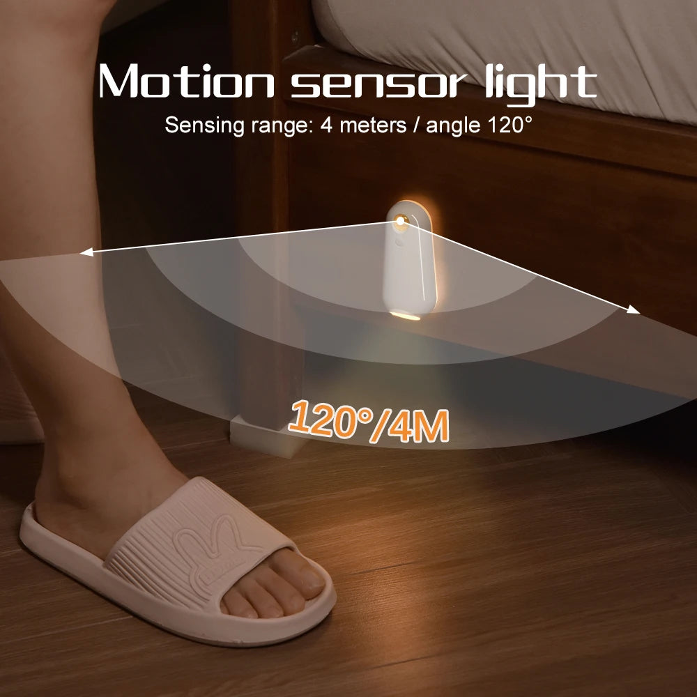 Motion sensor light on a wooden floor with a foot wearing a sandal for scale.