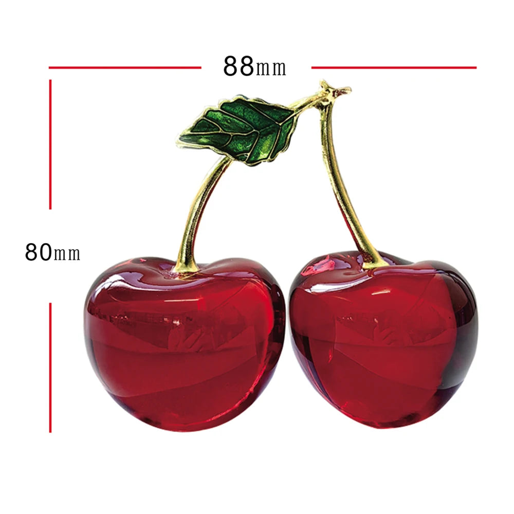 Red cherry-shaped ornament with gold stems and green leaves, shown with measurements on a white background.