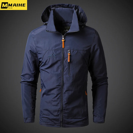 Blue jacket with orange zippers on a dark background, featuring the MAIHE brand.