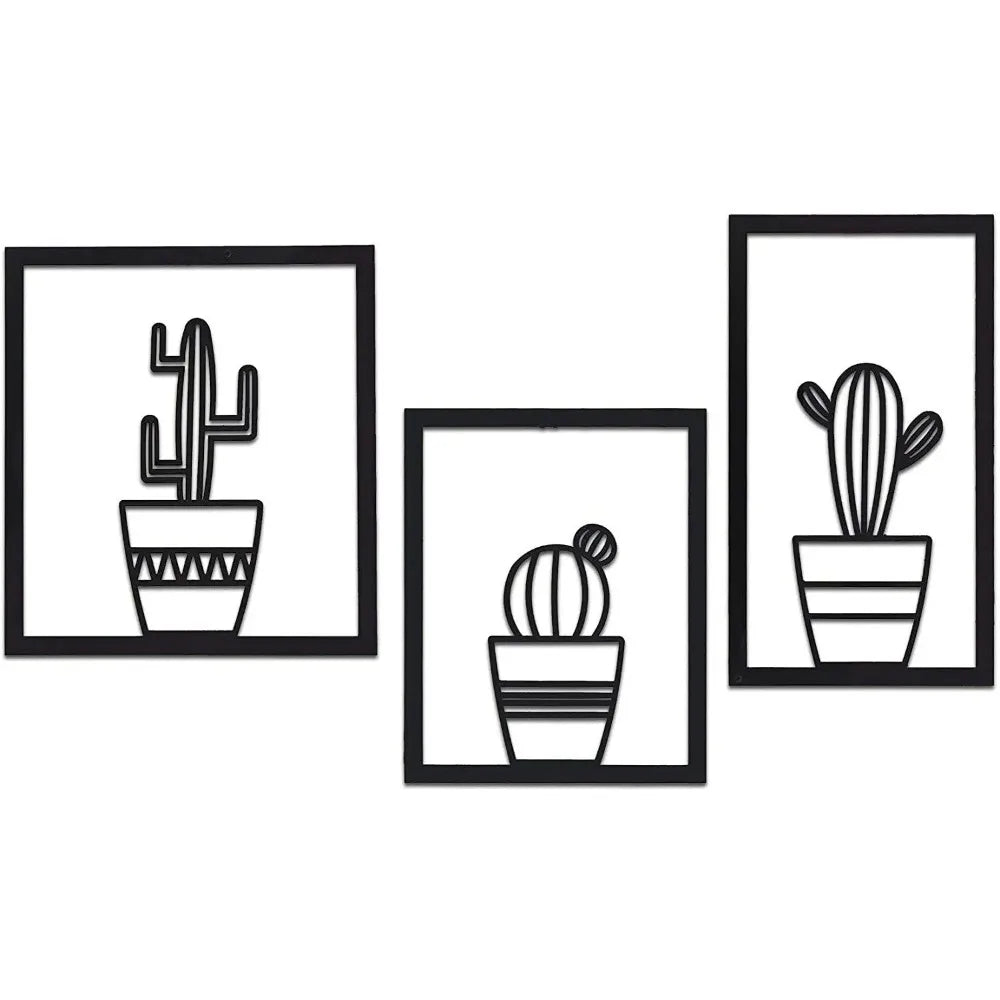 Three black and white metal  line art cactus illustrations in frames on a white background