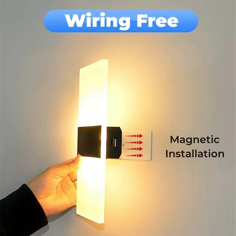 Wall-mounted light fixture with 'Wiring Free' and 'Magnetic Installation' text on a plain background.