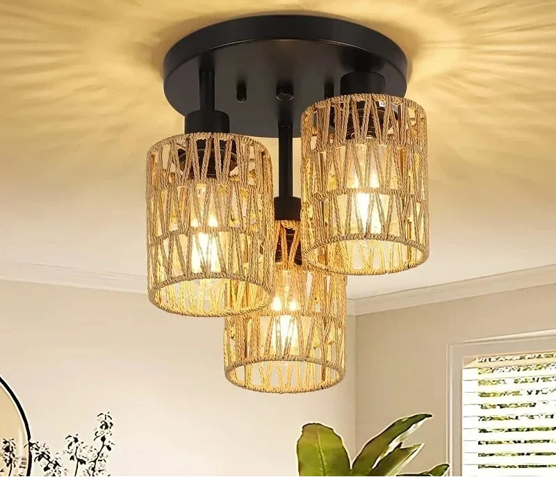 Boho woven rattan ceiling light with hemp-style shades and warm ambient glow.