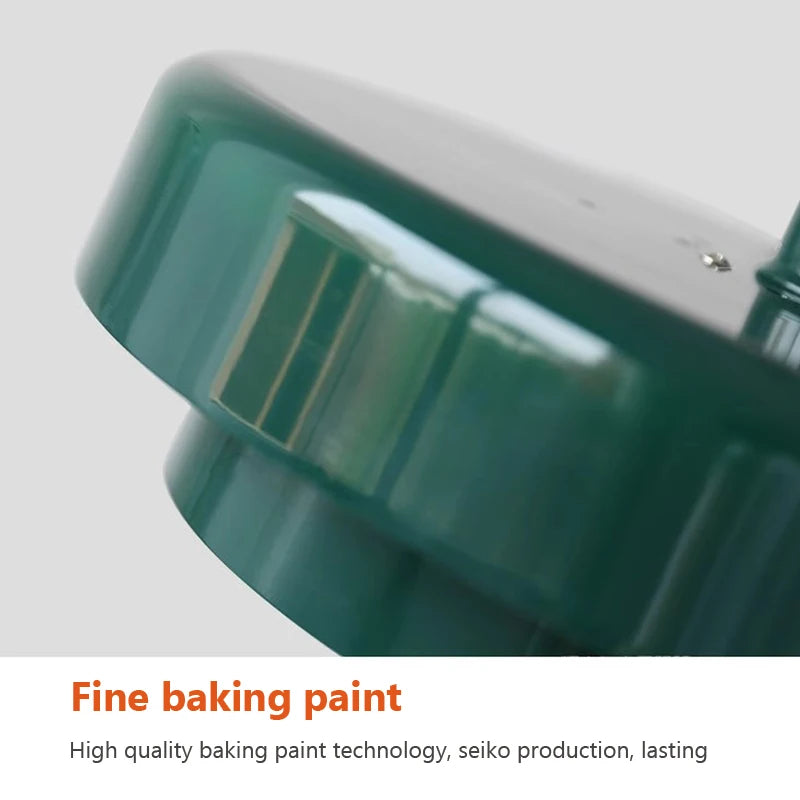 Green paint can with text about high-quality baking paint technology on a light gray background