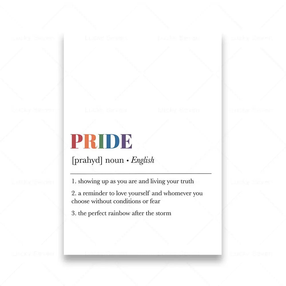 Definition of 'PRIDE' with colorful letters on a white background