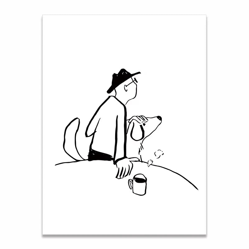 A minimalist black and white line art print depicting a man in a hat pouring coffee from a mug to a dog sitting at a table.