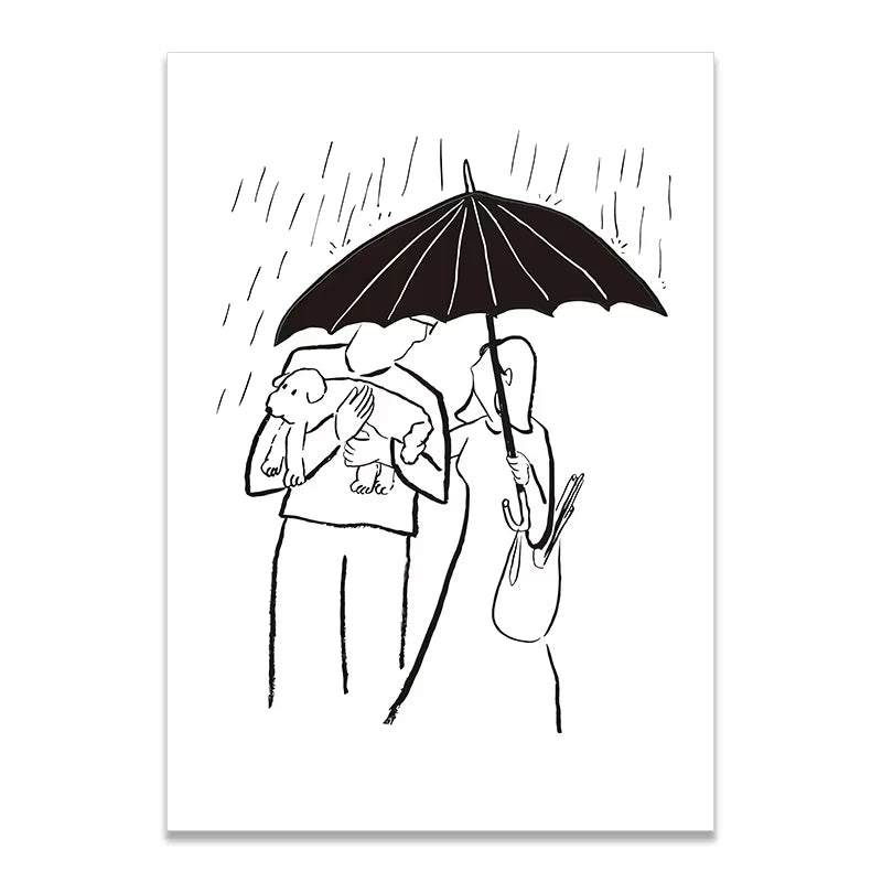 A minimalist black and white line art print depicting a family of four under a large umbrella in the rain, shown as a vertical poster on a white background.