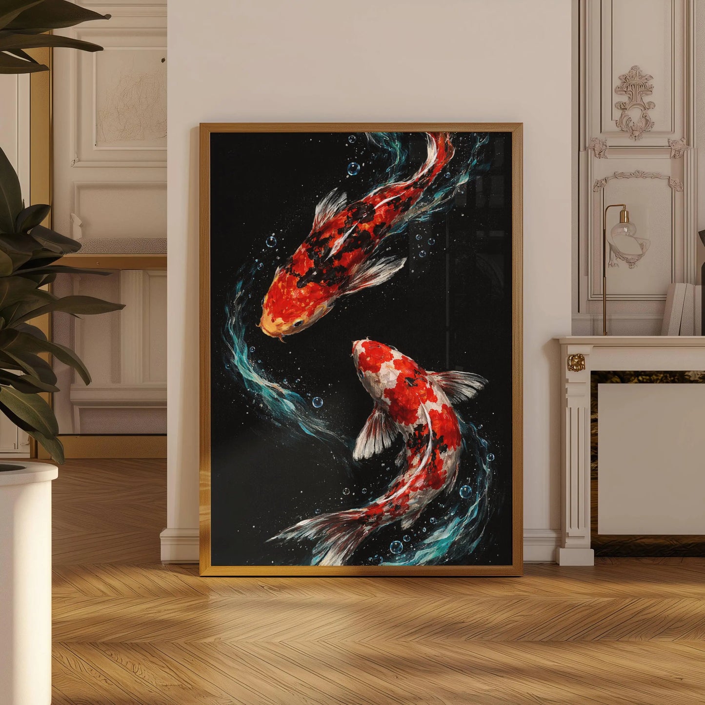 Framed artwork of two koi fish in a room with decorative elements.