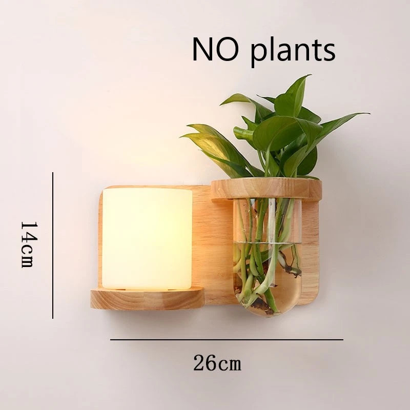 Wall-mounted light fixture with plant holder and measurements on a white background