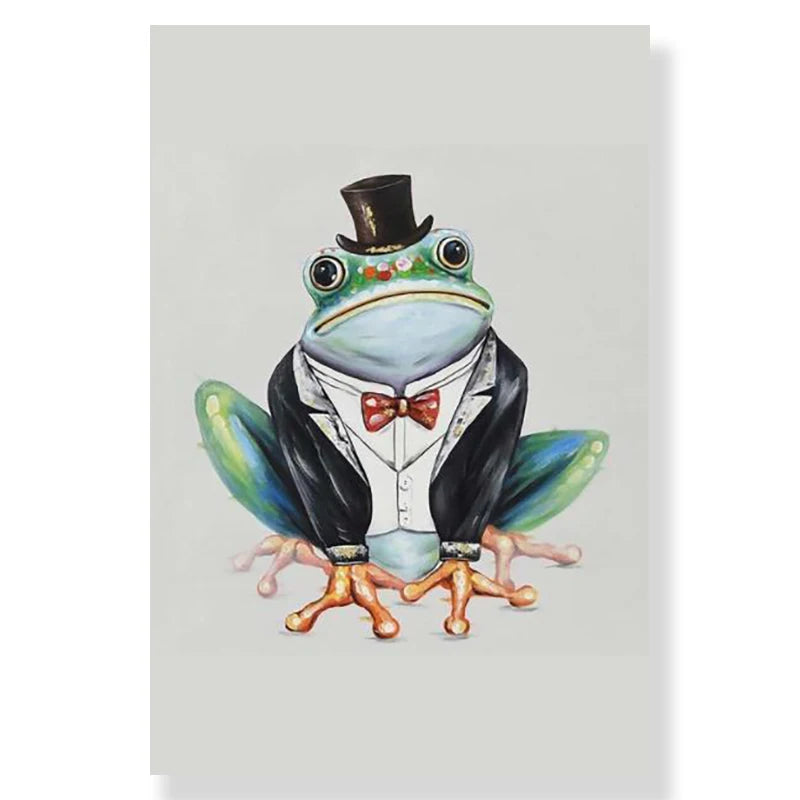 Frog in a suit and top hat on a light gray background